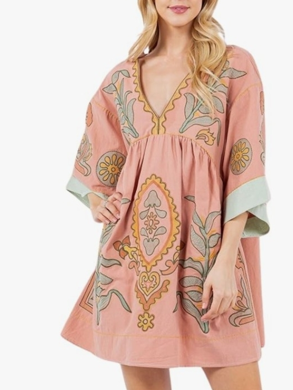 Embroidered Dress with V-Neck and 3/4 Sleeves Loose Fit Vintage Embroidered